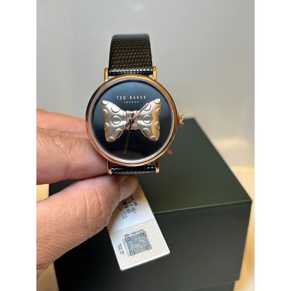 Ted Baker Phylipa Ladies Black Lizard Leather Strap Watch/Rose Gold Bow-Tie - Picture 2 of 16